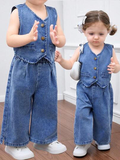 SHEIN 2 piezas Conjunto de top con tirantes de mezclilla y pantalones de cintura elástica para niñas bebé, conjunto casual de vacaciones bohemio para niñas, conjunto de graduación/fiesta/vacaciones, ropa casual y cómoda para niños en otoño