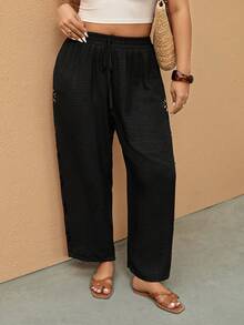 Elaquor Pantalon noir ample et décontracté pour femmes grandes tailles, convient pour les vacances de printemps/été avec découpes - Noir - Voir 6