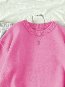SHEIN Unity Women's Solid Crew Neck Long Sleeve Minimalist Casual Pullover Sweater,Long Sleeve Tops Knit Pullover Fall Winter Outfit - Pink - View 3