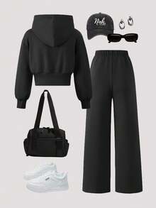 SHEIN Sparklyn Bộ đồ 2 món cho bé gái: áo khoác nỉ có mũ, màu trơn, in chữ phía trước, kiểu vai rớt, gồm áo nỉ và quần. - màu đen - Xem 2