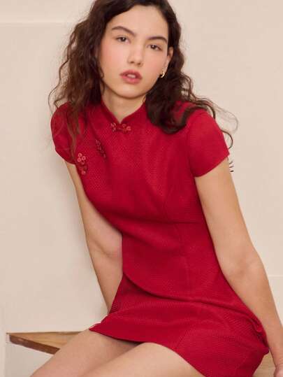 lacRébo Elegant Festive Red Tweed Mandarin Collar Mini Dress Ideal New Year Party Outfits Valentines Day Dress Oriental Style Dress French Style Parisian Style