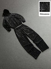 SLATEMANN 男士连帽卫衣+宽松长裤两件套，黑色连帽卫衣饰有水钻，休闲街头风，适合通勤、日常穿着，成熟街头风格，热门单品，送给男友/老公的绝佳礼物，百搭，适合休闲、运动、通勤、返校、度假、情侣装。 - 黑色 - 查看 4