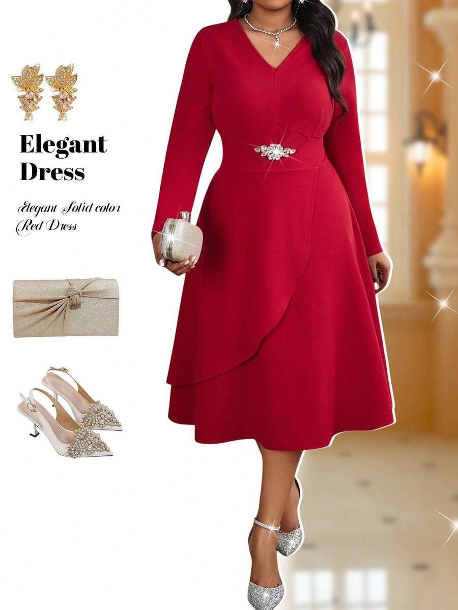 Fleurora Vestido midi de manga larga con cuello en V y falda acampanada de punto rojo para mujer, talla grande, elegante para fiesta de Navidad, San Valentín, cóctel, oficina, concierto y festival de música, otoño e invierno, ropa y atuendo navideño, vestido de Año Nuevo, vestido de fiesta de boda, vestido rojo elegante para mujer - Rojo - Ver 1