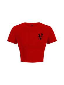 The Vampire Diaries X SHEIN Women's Casual Letter Print Cropped Fitted Short Sleeve T-Shirt, Summer - White - View 1