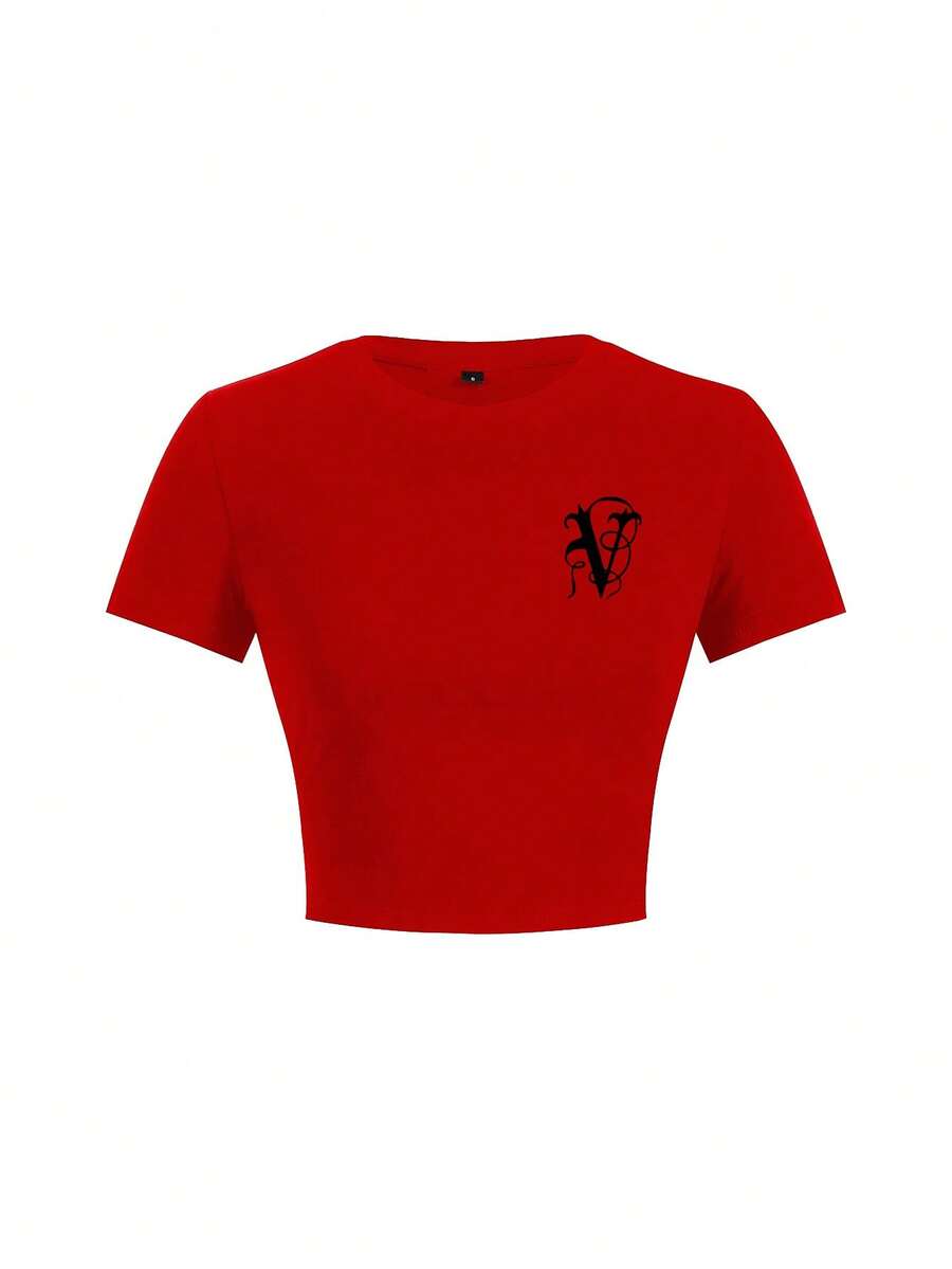 The Vampire Diaries X SHEIN Women's Casual Letter Print Cropped Fitted Short Sleeve T-Shirt, Summer - White - View 1