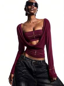 LYSMO 这款全新极简主义秋冬女式T恤采用交叉铆钉垂褶领口设计，修身剪裁，长袖款式，尽显时尚街头风范，性感又不失潮流感，现代独特，百搭吸睛，散发女神般的气质。低调奢华，细节精致，是派对和约会的完美之选。另有一款酒红色露肩上衣，是圣诞节的理想之选。 - 酒紅色 - 查看 5