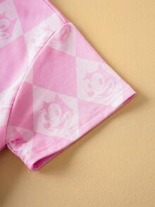 Felix The Cat X SHEIN Young Girl Casual Daily Commute School Style Funny Cartoon Letter & Diamond Plaid Print Short Sleeve T-Shirt, Summer - Pink - View 5