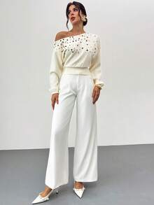 Firerie Women's Elegant Sequin Embellished Oblique Shoulder Fashionable Versatile Vacation Long Sleeve Sweater/Christmas For Women/Solid Color Asymmetrical Off-Shoulder Sweater Top/New Year's Eve/Party Top/Asymmetrical Off-Shoulder Top With A Fitted Waist/Winter For Women - Apricot - View 6