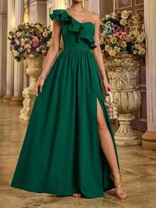 KKMALL Vestido Largo Con Escote Asimétrico Y Abertura En Pierna - Verde - Ver 3