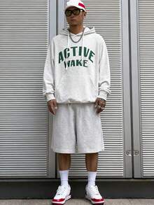 DAZY Spring Letter Print Hooded Sweatshirt Set For Men, Grey - Grey - View 6