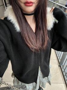 FRIFUL Cardigan casual ampio e versatile da donna, colore unito, con cappuccio, spalle scese, maniche lunghe, colletto in pelliccia e decorazione con cerniera, autunno/inverno, per la scuola - nero - Visualizzare 6