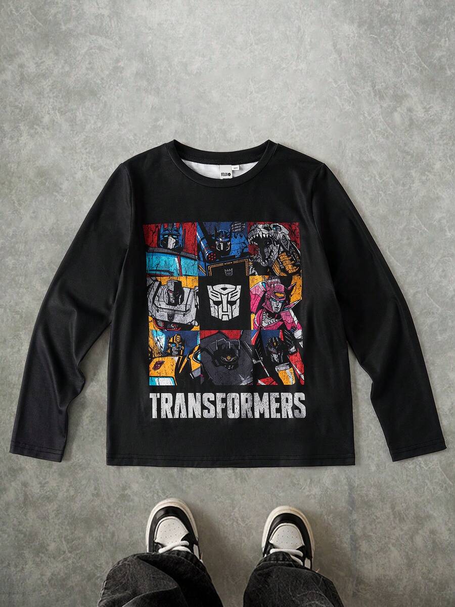 Transformers X SHEIN Tween Boy Casual Everyday Commute Fashion Street Cartoon Robot & Letter Print Long Sleeve Black T-Shirt, Spring/Autumn - Black - View 1