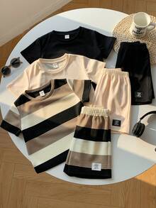 SHEIN 3件套儿童夏季服装套装，男童舒适休闲圆领短袖T恤，条纹T恤，装饰短裤2件套，高性价比多件套，适合户外玩耍、街头摄影、派对、居家休闲等场合。 - 彩色 - 查看 7