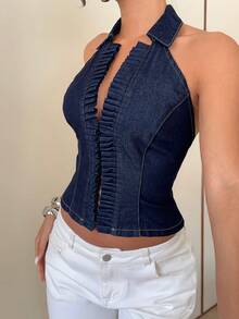 Siren Gaze Áo denim xanh đậm dành cho nữ, áo không tay gợi cảm, áo kiểu thanh lịch, thích hợp cho hẹn hò mùa hè. - Rửa tối - Xem 5