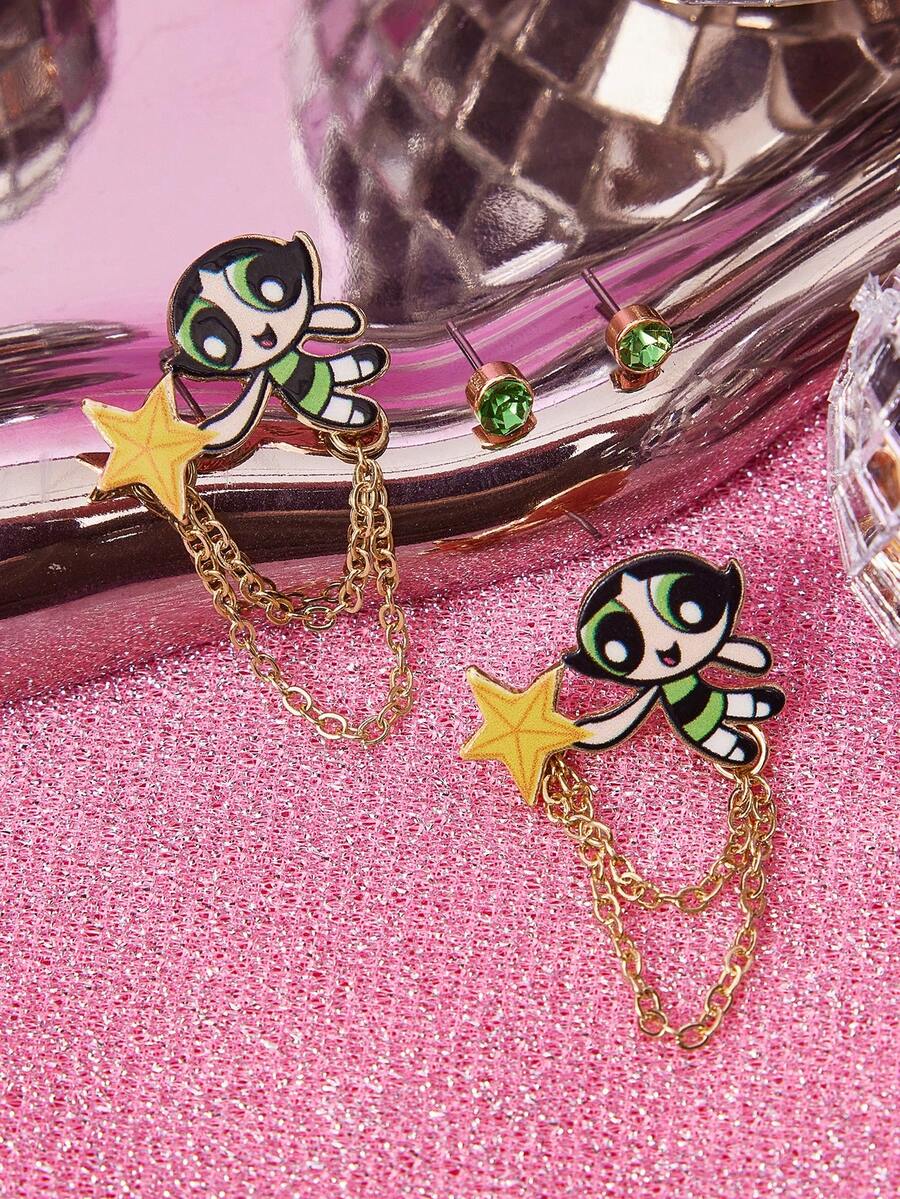THE POWERPUFF GIRLS X SHEIN 一套锌合金卡通图案耳钉，休闲可爱畅销款，适合派对、音乐会、节日等场合。 - 金色 - 查看 1