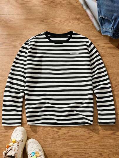 SWAVVY Camiseta casual de cuello redondo de manga larga a rayas para hombre