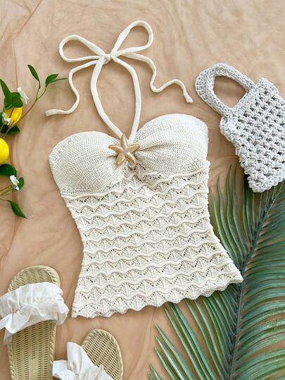 Soleia Áo dệt kim cổ yếm dành cho nữ, kiểu dáng rộng rãi, trang trí hình sao biển kim loại, thích hợp cho tiệc tùng, hẹn hò, ngày Valentine, mặc nhiều lớp, kỳ nghỉ xuân, mặc thường ngày.