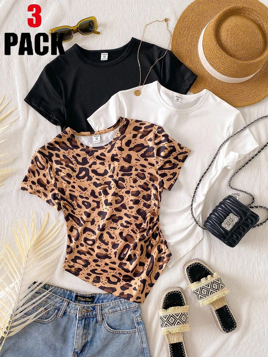 3件套少女圆领短袖修身不对称下摆T恤，黑色、白色、豹纹印花，夏季休闲上衣