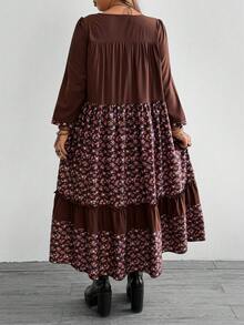 Whyspr Vintage Floral Patchwork Chocolate Brown Dress For Women,Peter Pan Collar Loose Casual Elegant Boho Autumn Picnic Dress,Versatile Straight Maxi Dress - Multicolor - View 2