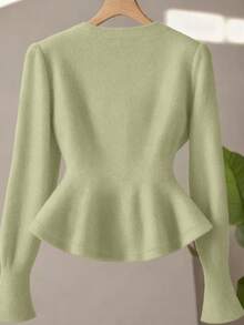 GlowEve V领金属纽扣腰部荷叶边下摆超长袖女式开衫 - 綠色 - 查看 2