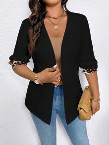 EMERY ROSE Women's Casual Long Sleeve Blazer Jacket With Leopard Print Patchwork - Black - View 3
