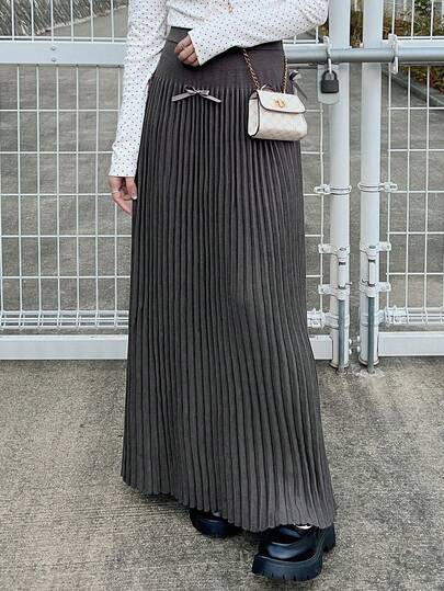 FRIFUL Women's A-Line Waist Bow Tie Knitted Patchwork Skirt