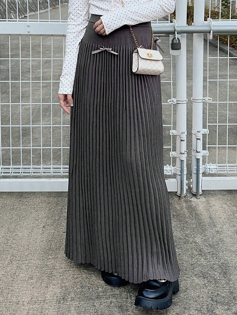 FRIFUL Women's A-Line Waist Bow Tie Knitted Patchwork Skirt - Grey - View 1