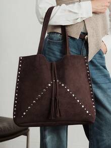 SHECARRY Ladies Large Capacity Suede Rivet Trim Shoulder Tote Bag - coffee color - View 1