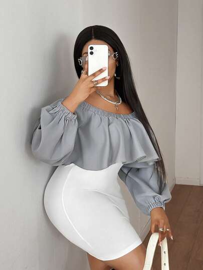 Maweii Plus Size Women's Elegant Casual Off-Shoulder Ruffle Front Design 2 In 1 Dress, Suitable For Hanging Out With Friends, Daily Wear