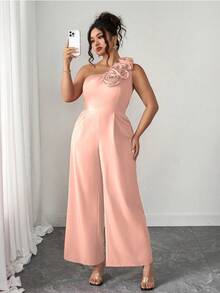 Elenzga Summer Fashionable French Retro Romantic Asymmetric Shoulder Floral Jumpsuit - Pink - View 6