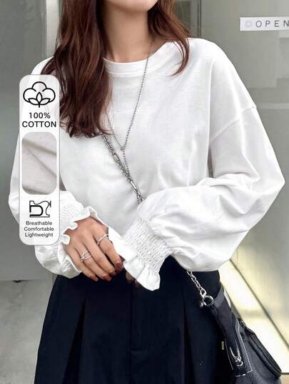 FRIFUL 女士纯色圆领落肩长袖休闲宽松T恤