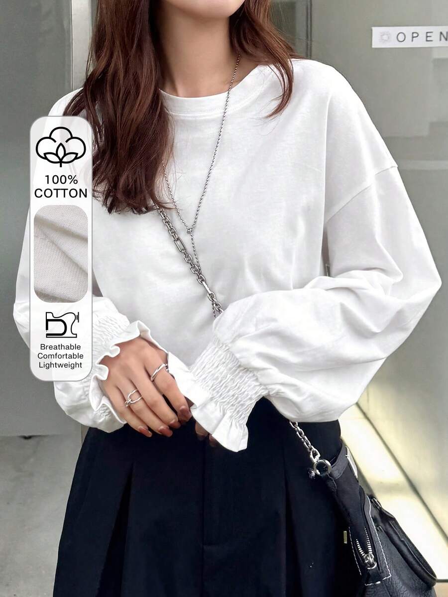FRIFUL Kaos Wanita Polos Leher Bulat Bahu Longgar Lengan Panjang Kasual - Putih - View 1