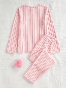 Girls Comfortable Casual Strawberry Graphic Ribbed Fabric Long Sleeve Top And Pants Pajama Set - Pink - View 2