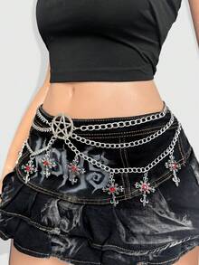 ROMWE 1pc Women Gothic Style Cross Decor Chain, Silver & Black Color, Versatile Accessory For Dresses, Halloween - Silver Red Cross Pentagram Multilayer Chain Waist Chain - View 5