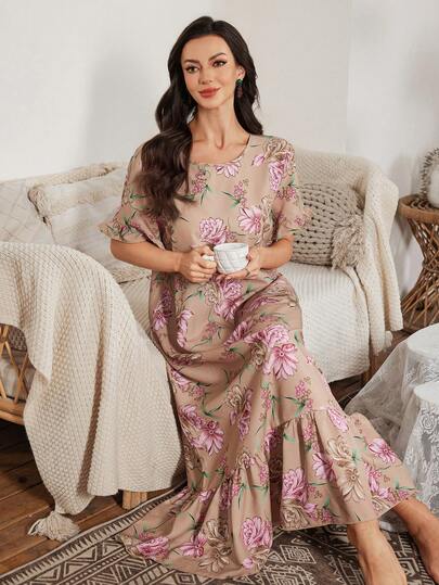 Serenescape Camisón largo con estampado floral y ribete de volantes, ropa de dormir de lujo estilo muñeca, adecuado para primavera/verano, para usar en casa y al aire libre