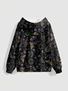 ROMWE Áo nỉ nữ cỡ lớn in họa tiết hoa, bướm, phong cách Gothic, mặt trời, mặt trăng, ngôi sao, nấm bí ẩn. - màu đen - Xem 2