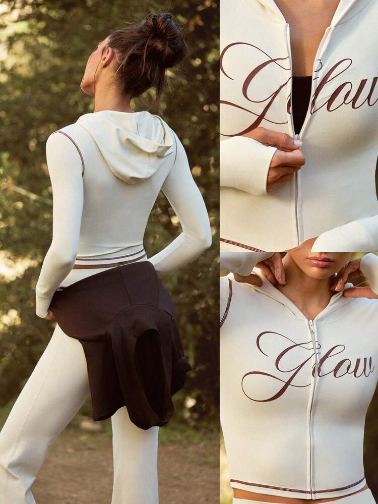 FeatherFit™ Chill Glow Soft Stretchy Sweat-Wicking Contrast Stitching Thumbholes Waist Length Zip-Up Hoodie  Yoga Pilates Studio Daily Casual Wear Spring Summer