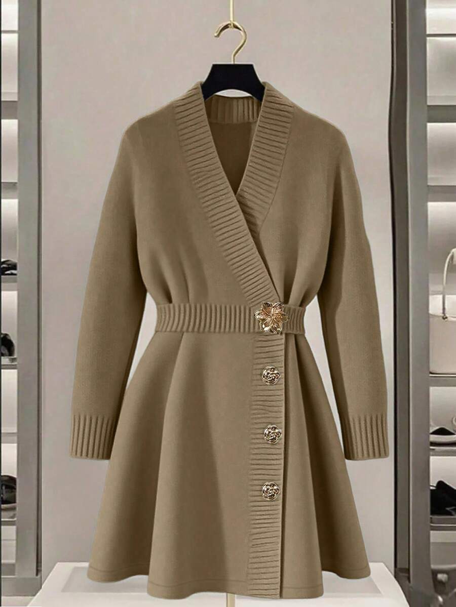 SHEIN Franclia New Autumn V-Neck Waist Cinched Knitted A-Line Dress, Elegant And Intellectual - Khaki - View 1