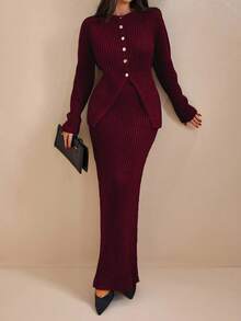 EURMUSE Women Solid Color Front Button Rib Knit Cardigan & Sweater Skirt Set - Burgundy - View 4