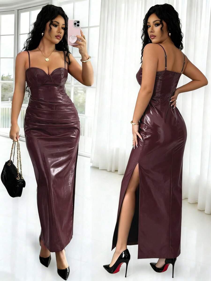 Rafferiza 优雅派对吊带裙，PU材质吊带裙，派对礼服，柿子红，罩杯式胸型，性感修身，适合派对、约会和日常穿着 - 紅色 - 查看 1