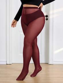 SHEIN CURVE+ Plus Size Fashionable Commuter Sheer High Stretch Leggings - Burgundy - View 6