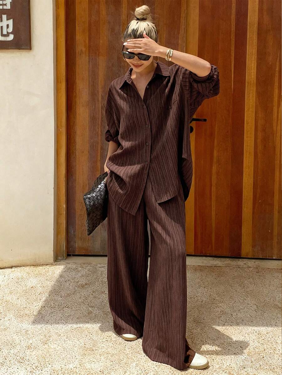 Livesso Brown Textured Pleated Striped Long Sleeve Shirt And Straight Leg Casual Pants 2 Pieces Suit Set, Loose Fit Business Casual Vacation Office Wear, Suitable For Autumn, Spring, Summer - Brown - View 1