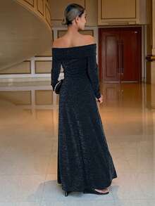 DAZY 女士露肩长袖闪亮迷人优雅连衣裙 - 黑色 - 查看 4