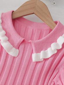 Young Girl Colorblock Peter Pan Collar Long Sleeve Cute Knitted Dress, Autumn/Winter - Pink - View 6