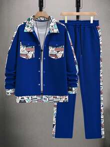 Manfinity Homme 男士几何印花长袖单排扣西装外套和裤子休闲套装 男士运动套装 男士两件套 拼接男士两件套 男士两件套 春秋季男士运动套装 - 寶藍色 - 查看 1