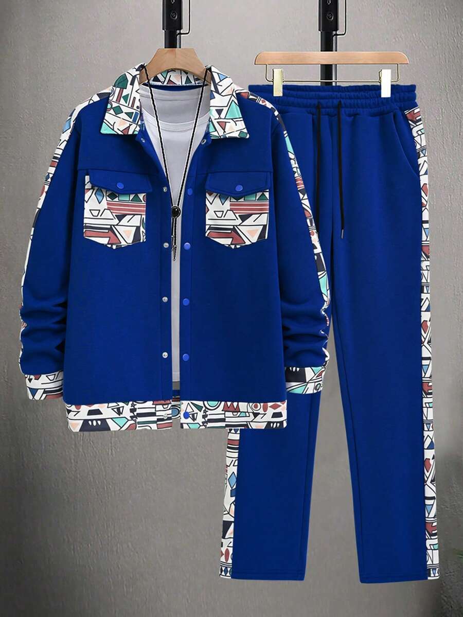 Manfinity Homme 男士几何印花长袖单排扣西装外套和裤子休闲套装 男士运动套装 男士两件套 拼接男士两件套 男士两件套 春秋季男士运动套装 - 寶藍色 - 查看 1