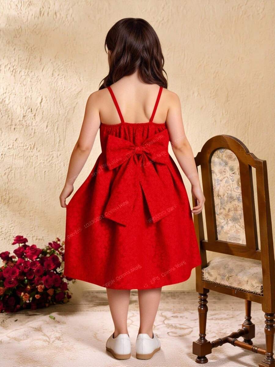 Elladie kids Young Girls Stylish Sweet Cute Bow Decor Red Camisole Minimalist Princess Style Dress - Red - View 1