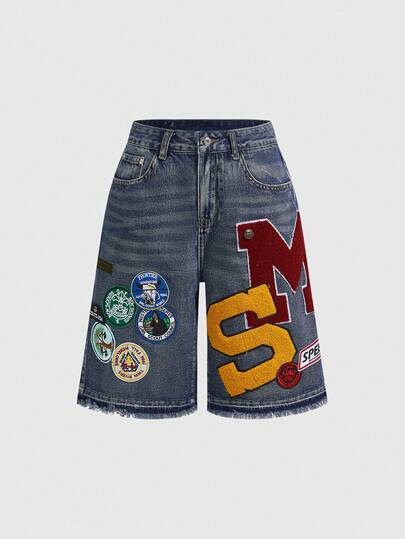 ROMWE Avant Vintage Y2K sportlicher Baddie Tiefbund Grafik bestickte Denim Shorts