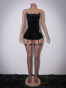 SHEIN 三件套：PU皮革交叉露背抹胸迷你连衣裙和过膝袜，性感内衣 - 黑色 - 查看 1