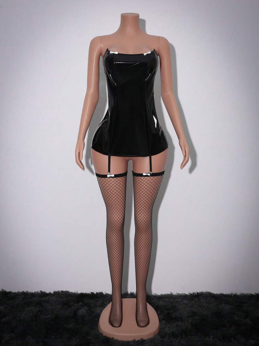 SHEIN 三件套：PU皮革交叉露背抹胸迷你连衣裙和过膝袜，性感内衣 - 黑色 - 查看 1